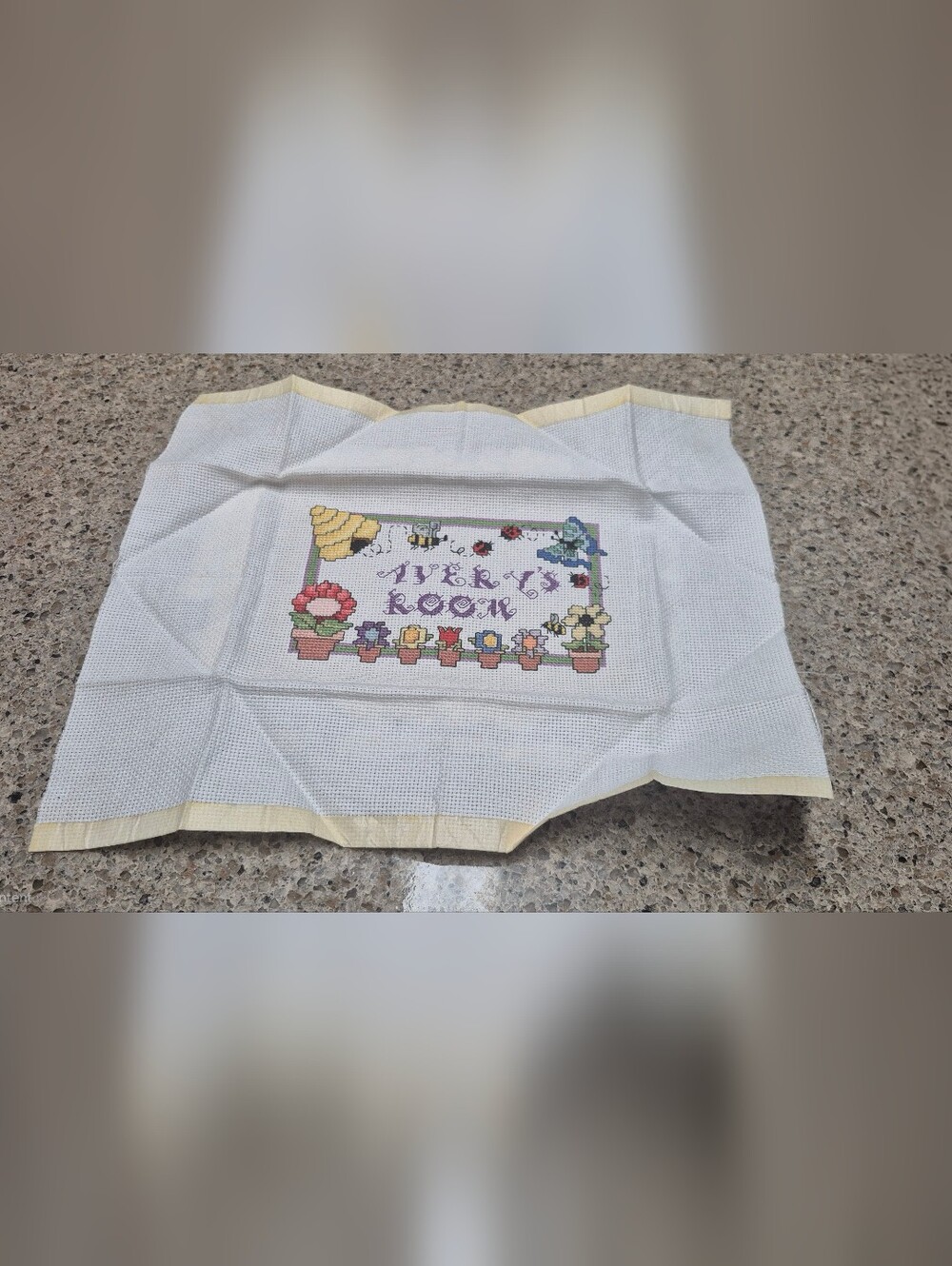 ​Handmade Cross Stitch "Avery’s Room" Garden Bees Hive Ladybugs Butterfly Decor